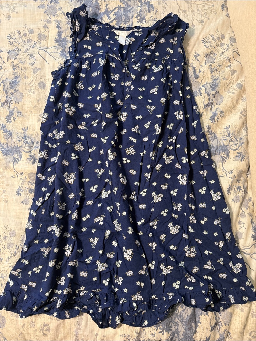 Adonna Navy and White Floral Ruffle Hem Nightgown